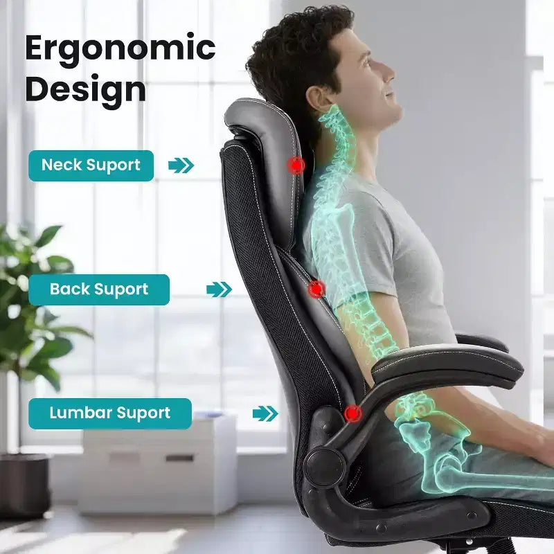 Chaise de bureau ergonomique avec soutien lombaire à ressorts ensachés - fauteuil de direction en cuir, appuie-tête réglable, accoudoirs relevables, chaise de bureau inclinable pour ordinateur