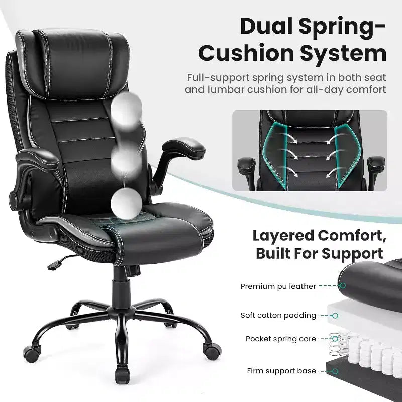 Chaise de bureau ergonomique avec soutien lombaire à ressorts ensachés - fauteuil de direction en cuir, appuie-tête réglable, accoudoirs relevables, chaise de bureau inclinable pour ordinateur