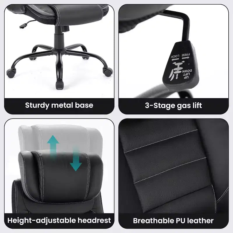 Chaise de bureau ergonomique avec soutien lombaire à ressorts ensachés - fauteuil de direction en cuir, appuie-tête réglable, accoudoirs relevables, chaise de bureau inclinable pour ordinateur