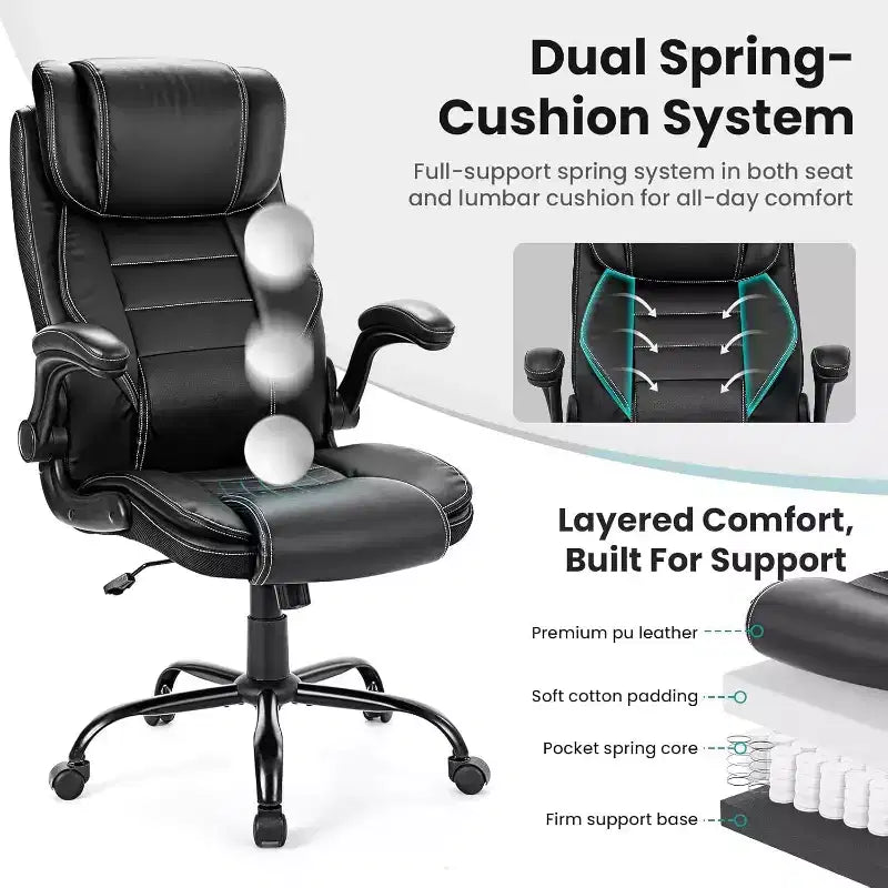 Chaise de bureau ergonomique avec soutien lombaire à ressorts ensachés - fauteuil de direction en cuir, appuie-tête réglable, accoudoirs relevables, chaise de bureau inclinable pour ordinateur