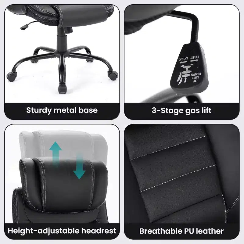 Chaise de bureau ergonomique avec soutien lombaire à ressorts ensachés - fauteuil de direction en cuir, appuie-tête réglable, accoudoirs relevables, chaise de bureau inclinable pour ordinateur