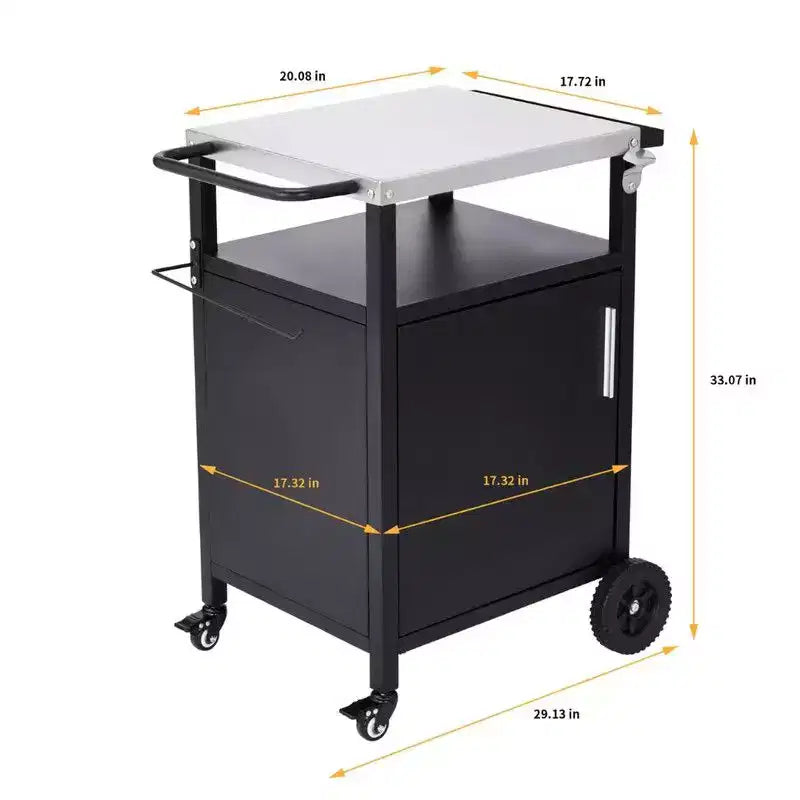 Chariot de barbecue noir à 4 roues avec plateau en acier inoxydable, station de grill avec placard à porte simple