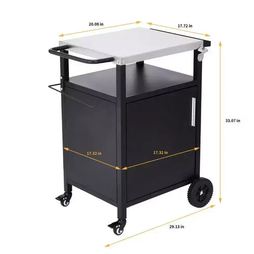 Chariot de barbecue noir à 4 roues avec plateau en acier inoxydable, station de grill avec placard à porte simple