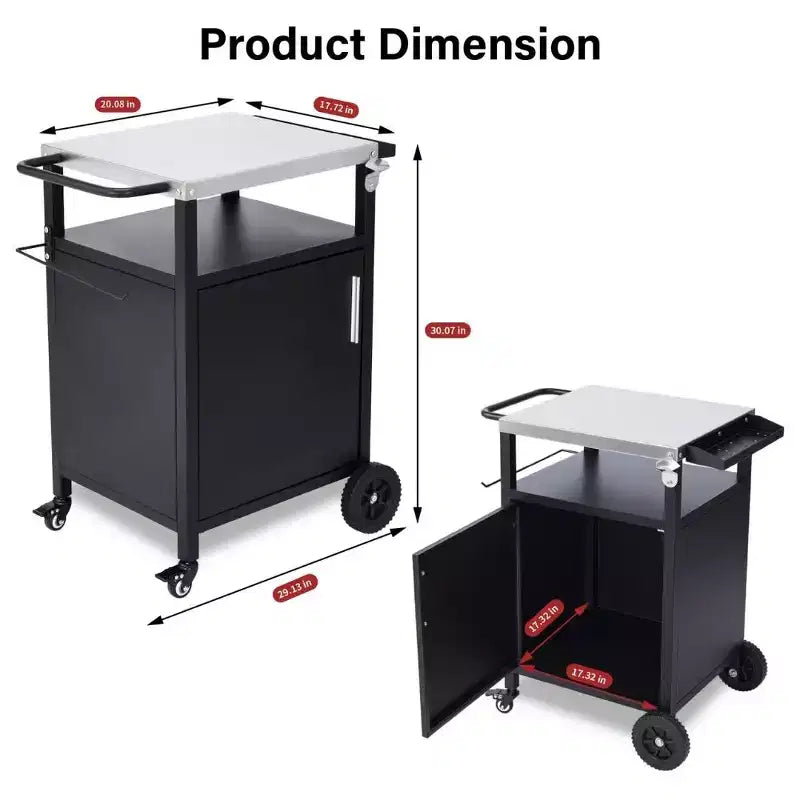 Chariot de barbecue noir à 4 roues avec plateau en acier inoxydable, station de grill avec placard à porte simple
