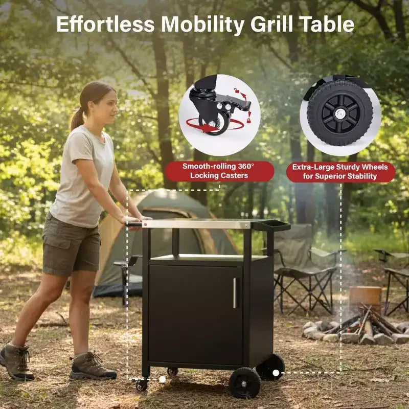 Chariot de barbecue noir à 4 roues avec plateau en acier inoxydable, station de grill avec placard à porte simple