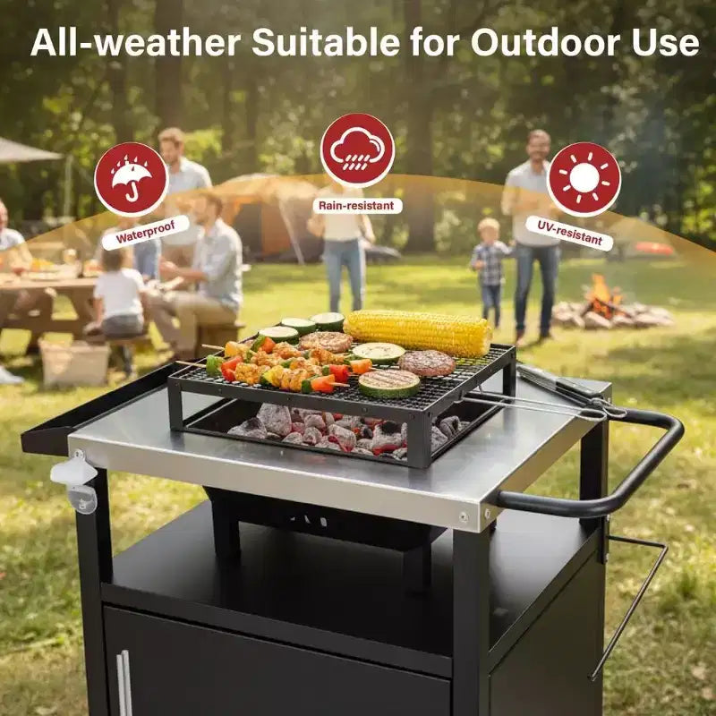 Chariot de barbecue noir à 4 roues avec plateau en acier inoxydable, station de grill avec placard à porte simple