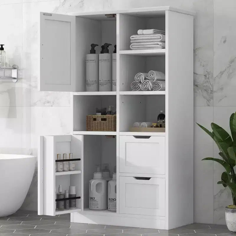 Gabinete de almacenamiento de baño independiente de madera moderna con cajones, repisas abiertas y gabinete cerrado