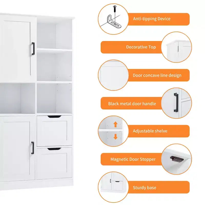Gabinete de almacenamiento de baño independiente de madera moderna con cajones, repisas abiertas y gabinete cerrado