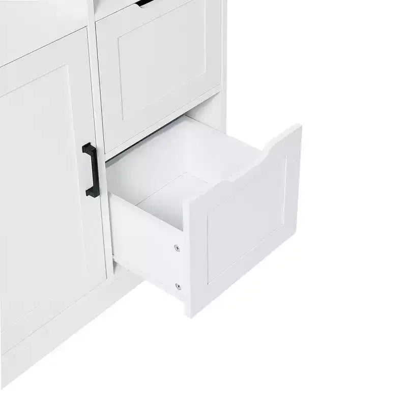 Gabinete de almacenamiento de baño independiente de madera moderna con cajones, repisas abiertas y gabinete cerrado