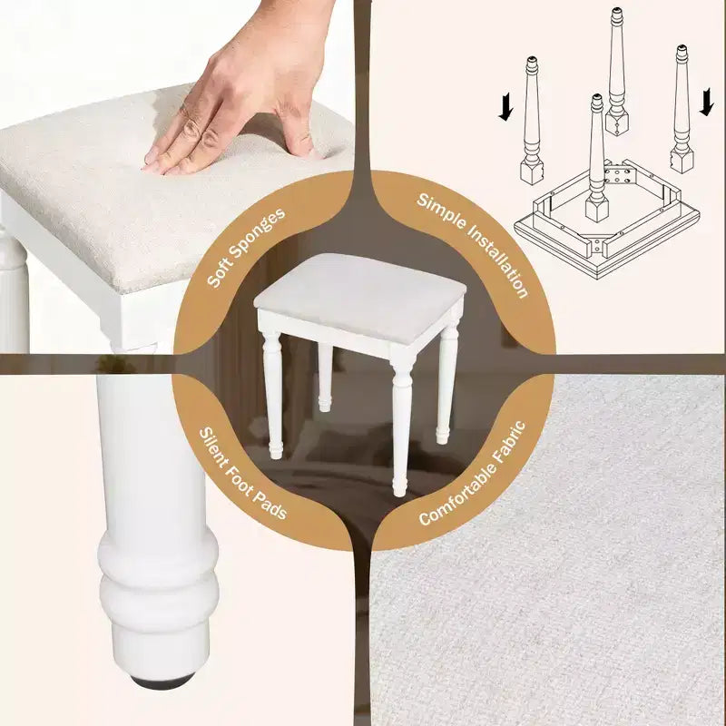 Coiffeuse à miroir triple pliant de 44.37 pouces avec 13 ampoules de style Hollywood et 3 modes d’éclairage, grande station de recharge avec 5 tiroirs et étagères, blanc
