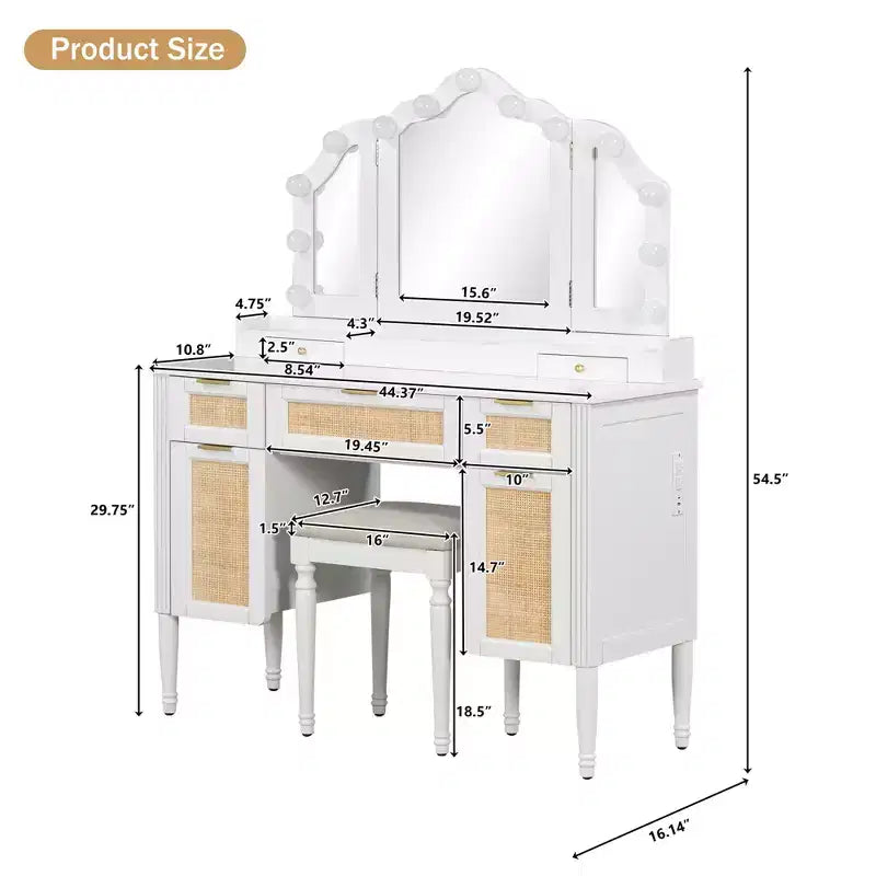 Coiffeuse à miroir triple pliant de 44.37 pouces avec 13 ampoules de style Hollywood et 3 modes d’éclairage, grande station de recharge avec 5 tiroirs et étagères, blanc