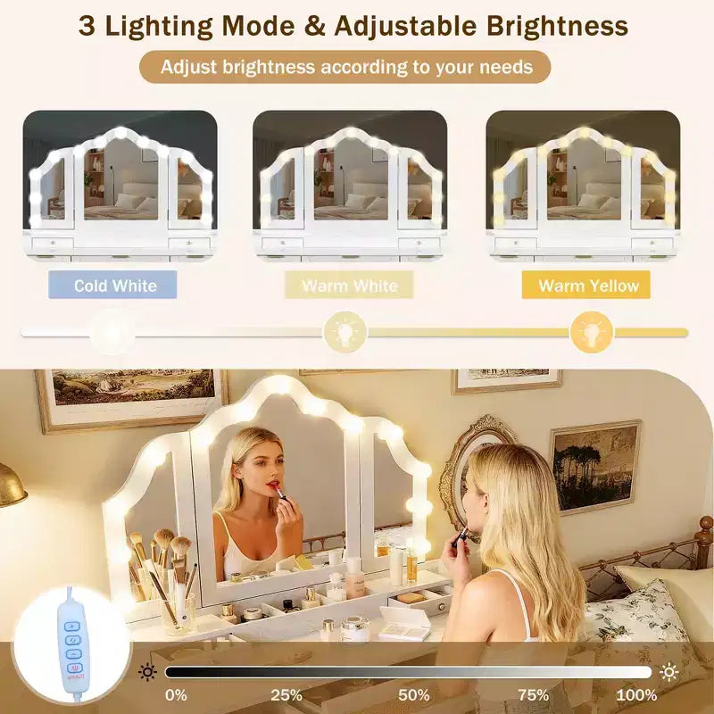 Coiffeuse à miroir triple pliant de 44.37 pouces avec 13 ampoules de style Hollywood et 3 modes d’éclairage, grande station de recharge avec 5 tiroirs et étagères, blanc