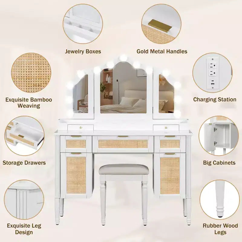 Coiffeuse à miroir triple pliant de 44.37 pouces avec 13 ampoules de style Hollywood et 3 modes d’éclairage, grande station de recharge avec 5 tiroirs et étagères, blanc