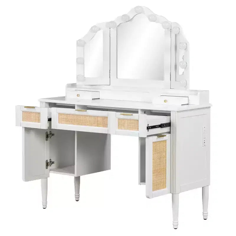 Coiffeuse à miroir triple pliant de 44.37 pouces avec 13 ampoules de style Hollywood et 3 modes d’éclairage, grande station de recharge avec 5 tiroirs et étagères, blanc