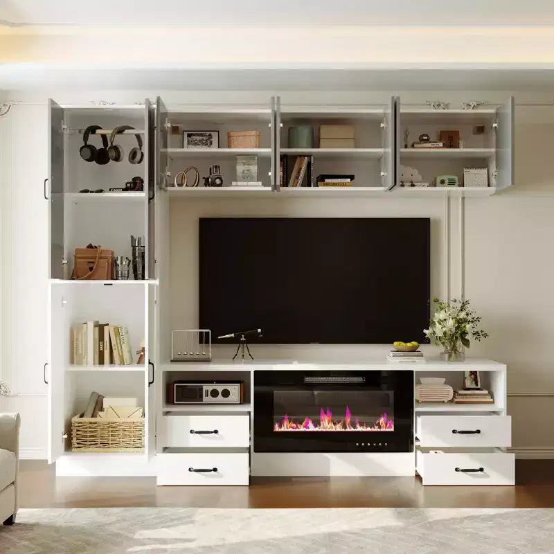Centre de divertissement minimaliste bicolore : meuble de rangement élégant pour le salon (cheminée électrique en option)