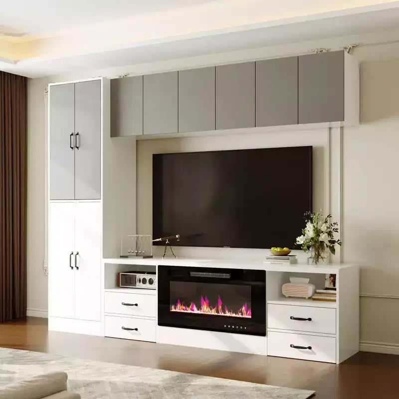 Centre de divertissement minimaliste bicolore : meuble de rangement élégant pour le salon (cheminée électrique en option)