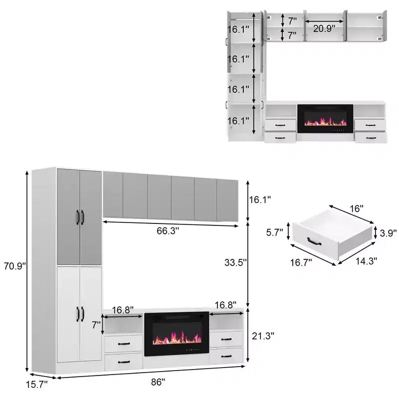 Centre de divertissement minimaliste bicolore : meuble de rangement élégant pour le salon (cheminée électrique en option)