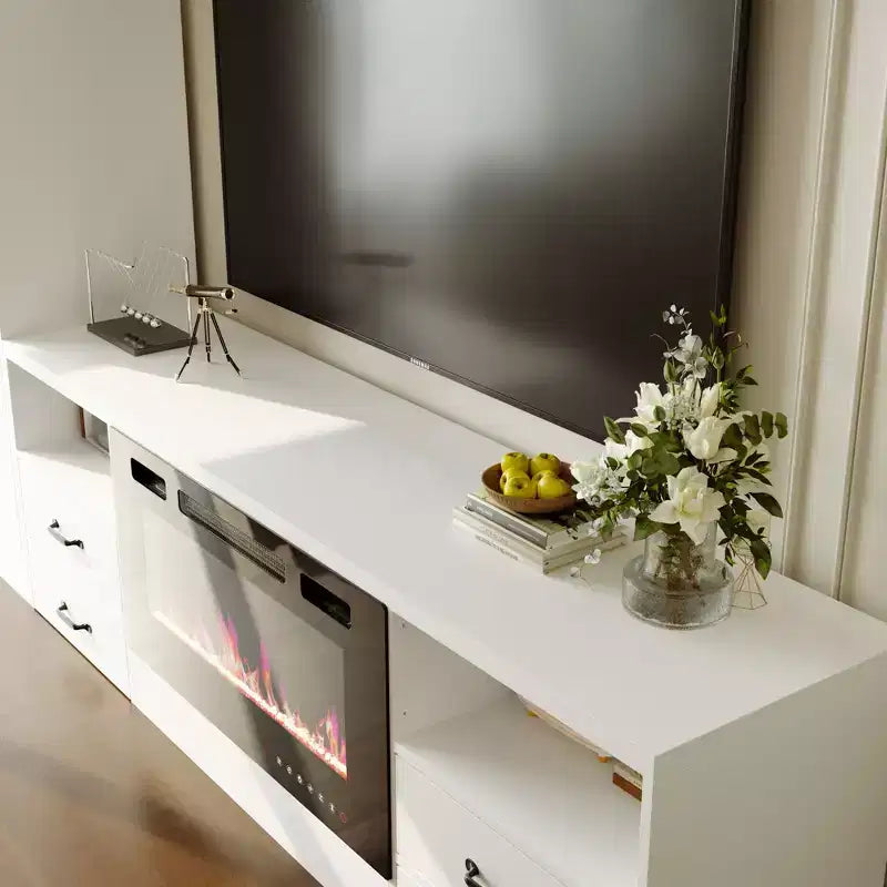 Centre de divertissement minimaliste bicolore : meuble de rangement élégant pour le salon (cheminée électrique en option)