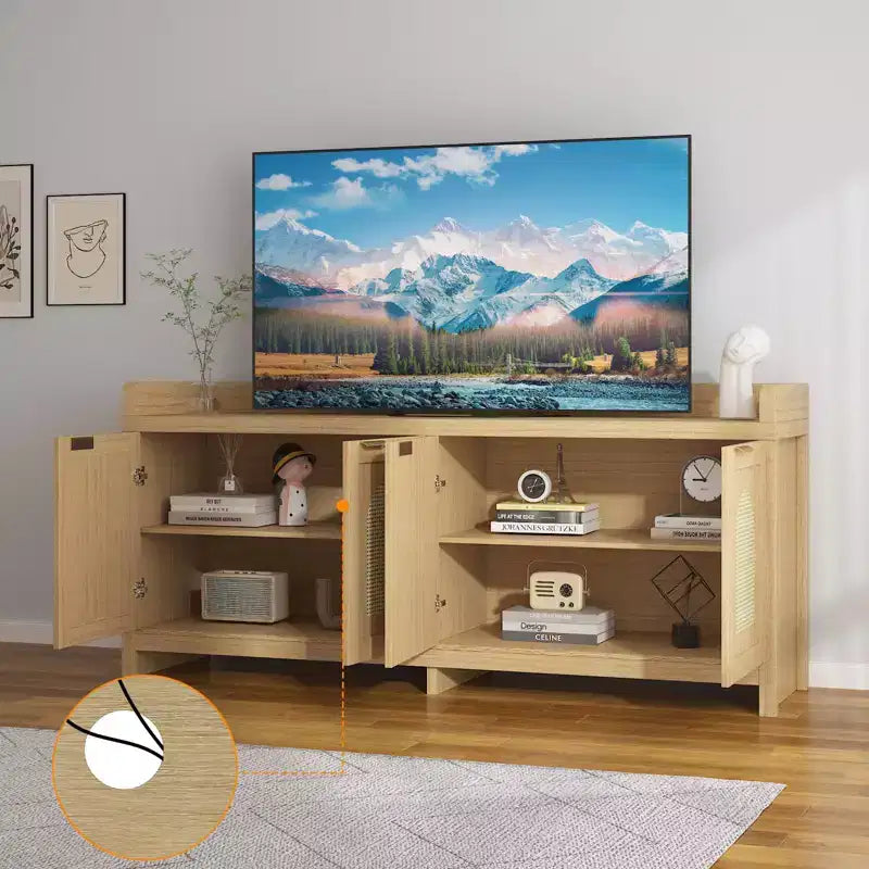Meuble TV en rotin naturel de 61.5 pour téléviseur de 65 pouces, meuble de divertissement moderne avec rangement