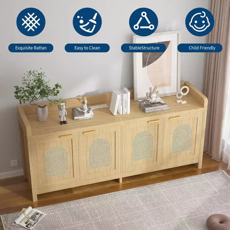Meuble TV en rotin naturel de 61.5 pour téléviseur de 65 pouces, meuble de divertissement moderne avec rangement