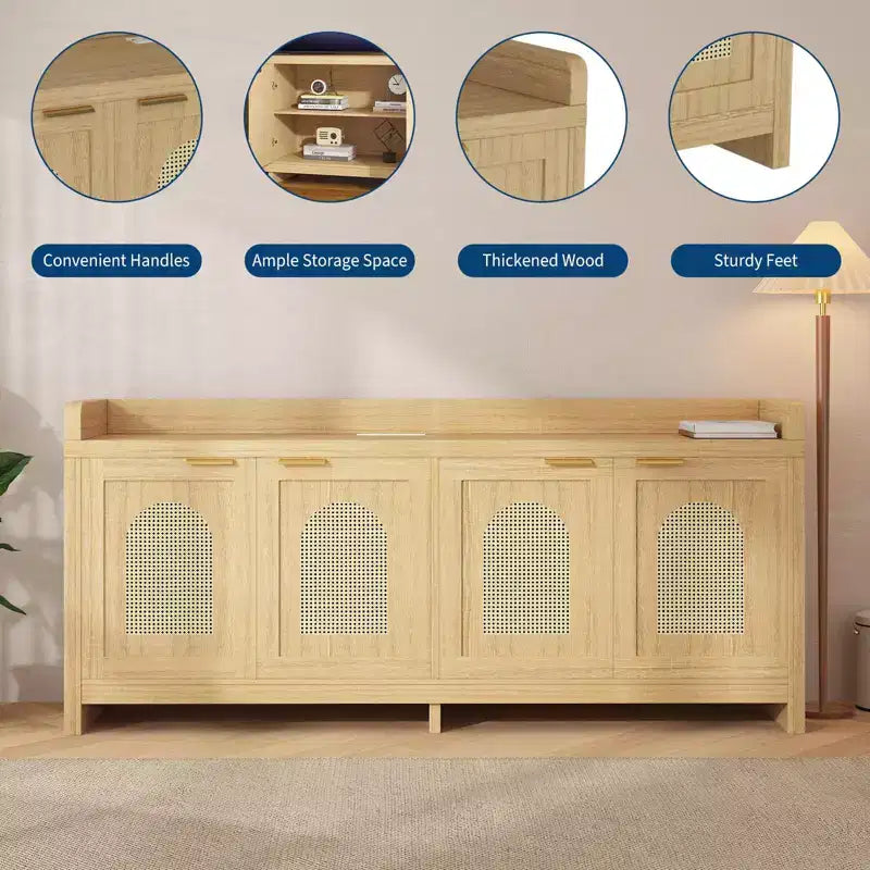 Meuble TV en rotin naturel de 61.5 pour téléviseur de 65 pouces, meuble de divertissement moderne avec rangement