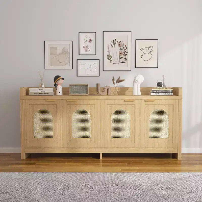 Meuble TV en rotin naturel de 61.5 pour téléviseur de 65 pouces, meuble de divertissement moderne avec rangement