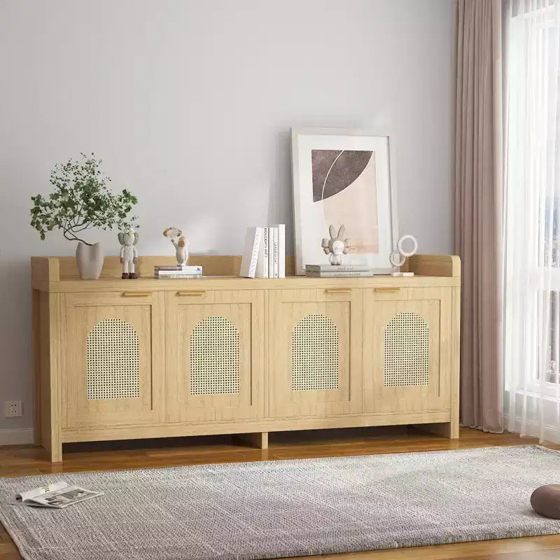 Meuble TV en rotin naturel de 61.5 pour téléviseur de 65 pouces, meuble de divertissement moderne avec rangement
