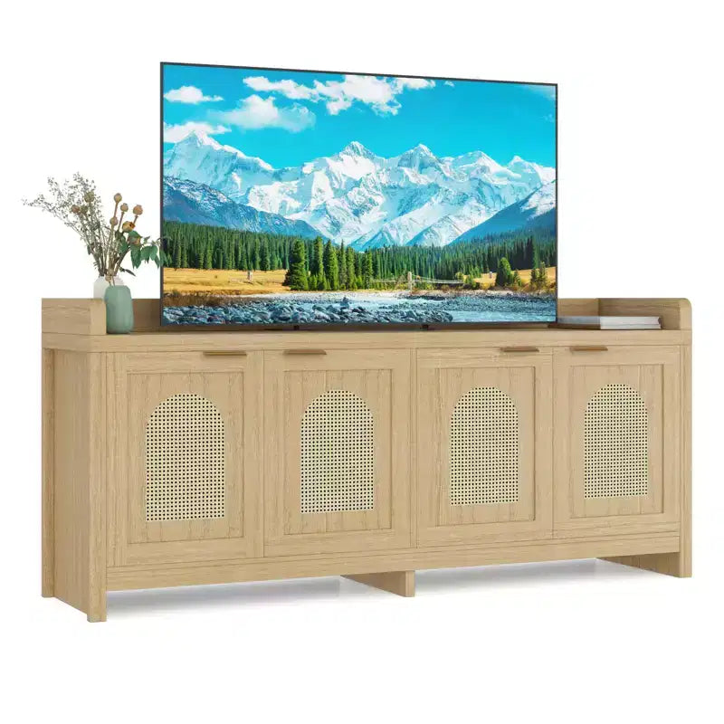 Meuble TV en rotin naturel de 61.5 pour téléviseur de 65 pouces, meuble de divertissement moderne avec rangement