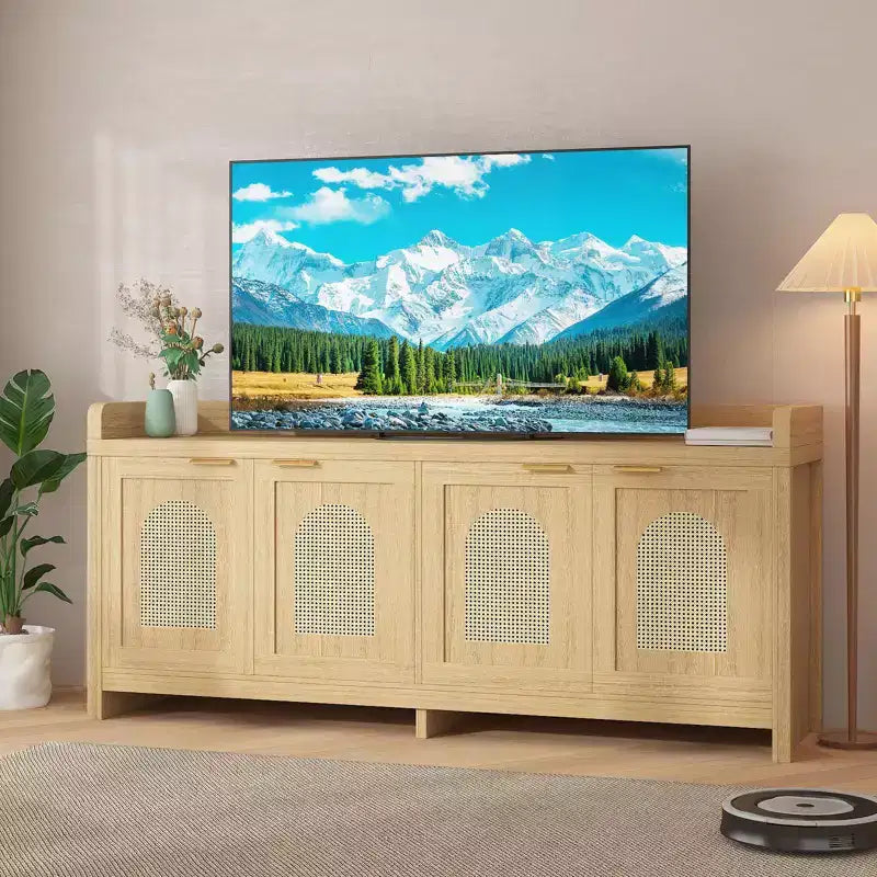 Meuble TV en rotin naturel de 61.5 pour téléviseur de 65 pouces, meuble de divertissement moderne avec rangement