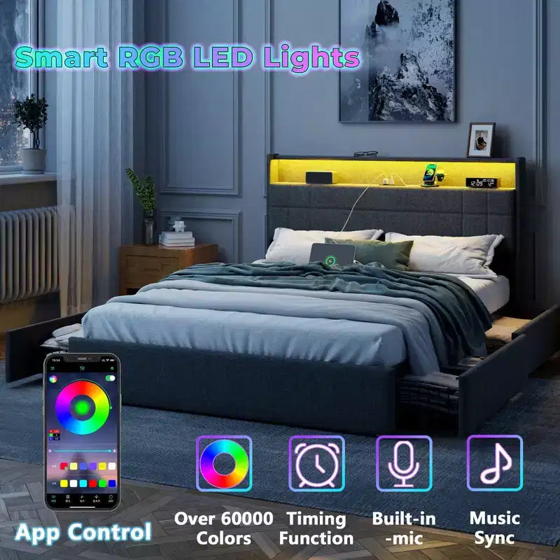 Cadre de lit moderne avec station de recharge, éclairage LED, 4 tiroirs de rangement, tête de lit rembourrée grise, lattes métalliques, sans sommier requis