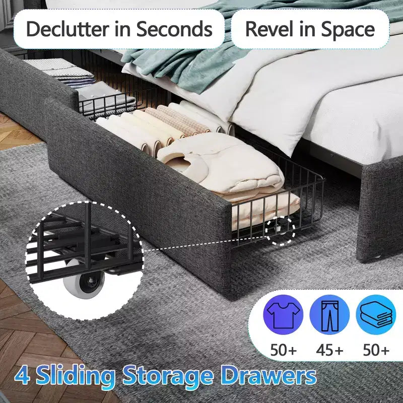 Cadre de lit moderne avec station de recharge, éclairage LED, 4 tiroirs de rangement, tête de lit rembourrée grise, lattes métalliques, sans sommier requis