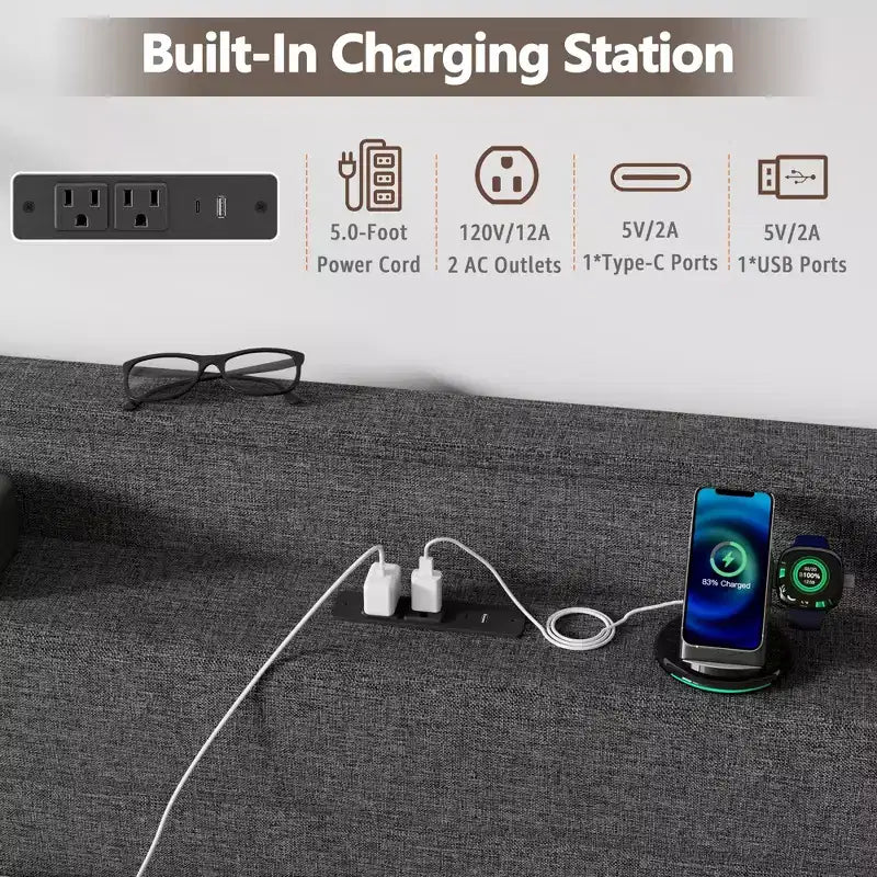 Cadre de lit moderne avec station de recharge, éclairage LED, 4 tiroirs de rangement, tête de lit rembourrée grise, lattes métalliques, sans sommier requis
