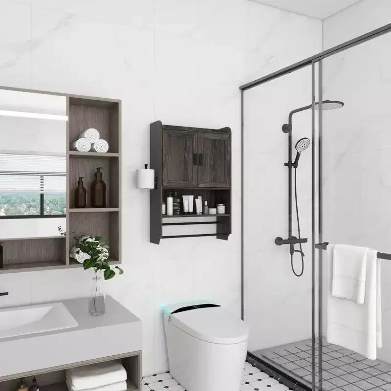 Meuble mural de salle de bain avec portes, étagère réglable, porte-serviettes et porte-papier