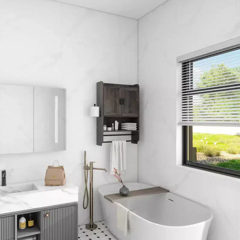 Meuble mural de salle de bain avec portes, étagère réglable, porte-serviettes et porte-papier