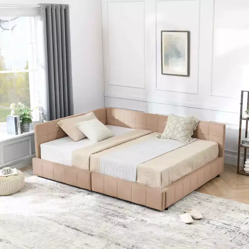 Cadre de lit rembourré capitonné avec tête de lit et accoudoirs, format double, pour chambre ou salon, rose foncé