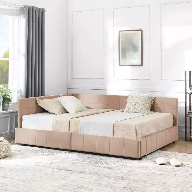 Cadre de lit rembourré capitonné avec tête de lit et accoudoirs, format double, pour chambre ou salon, rose foncé