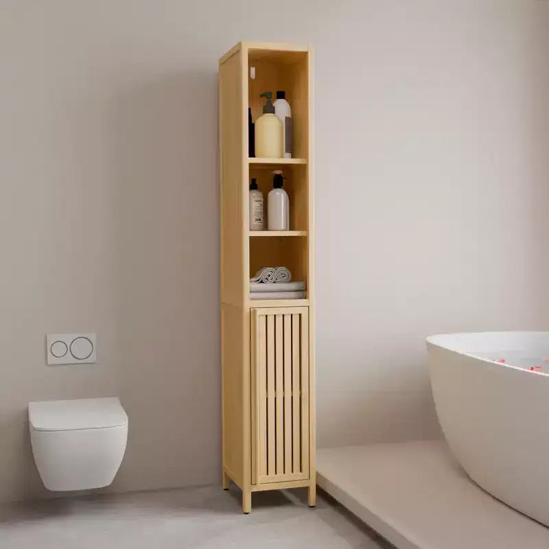 Meuble de rangement haut en bambou de style champêtre, 5 niveaux, avec une porte