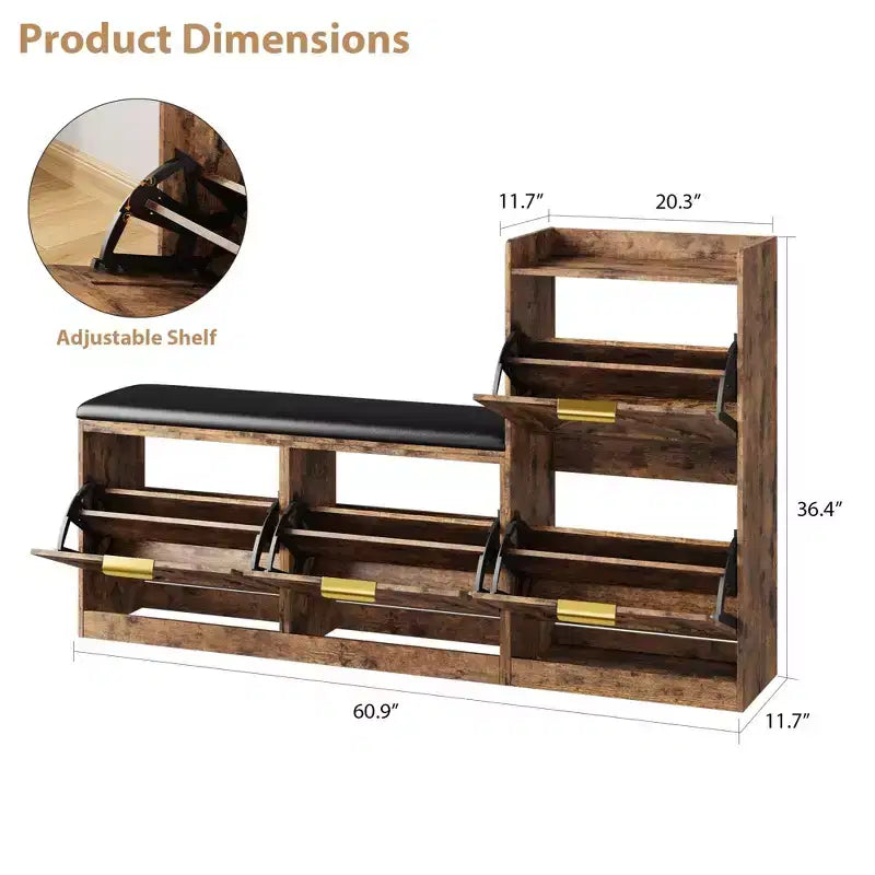 Meuble à chaussures de style champêtre avec banc et 4 tiroirs basculants, meuble de rangement à chaussures avec banc et coussin confortable, organisateur à chaussures pour l’entrée avec rangement