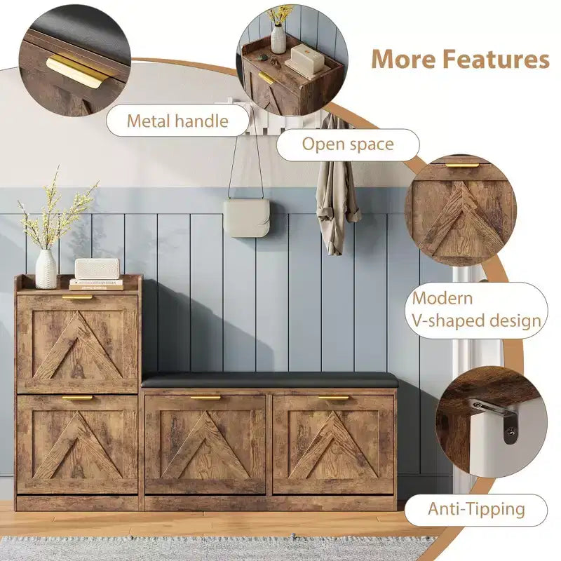Meuble à chaussures de style champêtre avec banc et 4 tiroirs basculants, meuble de rangement à chaussures avec banc et coussin confortable, organisateur à chaussures pour l’entrée avec rangement