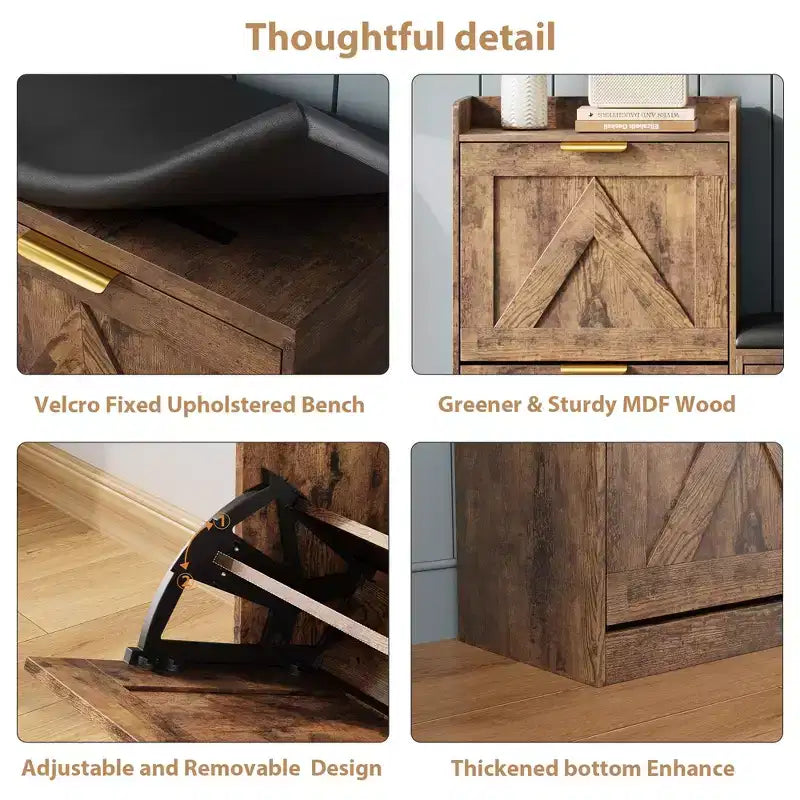 Meuble à chaussures de style champêtre avec banc et 4 tiroirs basculants, meuble de rangement à chaussures avec banc et coussin confortable, organisateur à chaussures pour l’entrée avec rangement