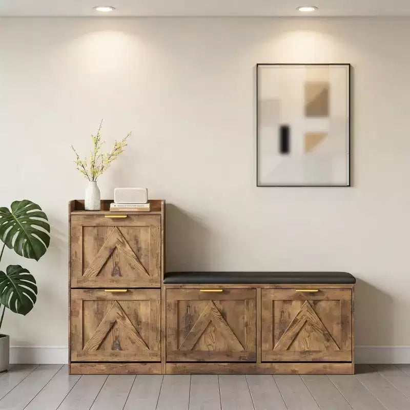 Meuble à chaussures de style champêtre avec banc et 4 tiroirs basculants, meuble de rangement à chaussures avec banc et coussin confortable, organisateur à chaussures pour l’entrée avec rangement