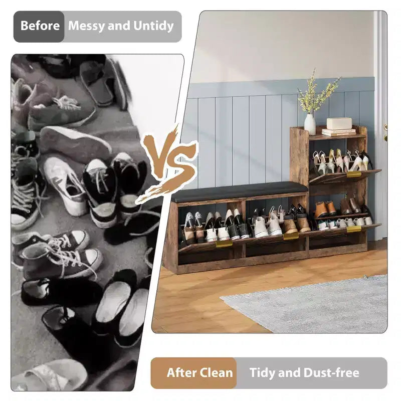 Meuble à chaussures de style champêtre avec banc et 4 tiroirs basculants, meuble de rangement à chaussures avec banc et coussin confortable, organisateur à chaussures pour l’entrée avec rangement