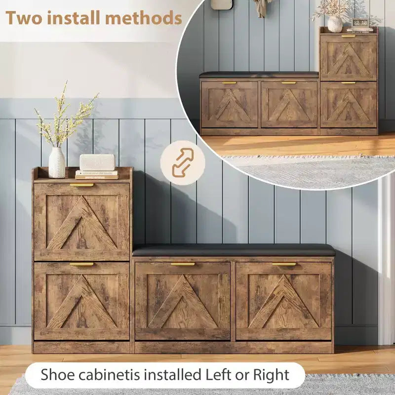 Meuble à chaussures de style champêtre avec banc et 4 tiroirs basculants, meuble de rangement à chaussures avec banc et coussin confortable, organisateur à chaussures pour l’entrée avec rangement