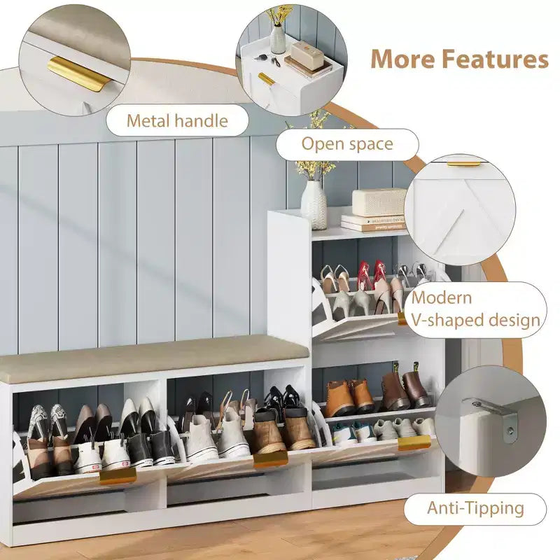 Meuble à chaussures de style champêtre avec banc et 4 tiroirs basculants, meuble de rangement à chaussures avec banc et coussin confortable, organisateur à chaussures pour l’entrée avec rangement