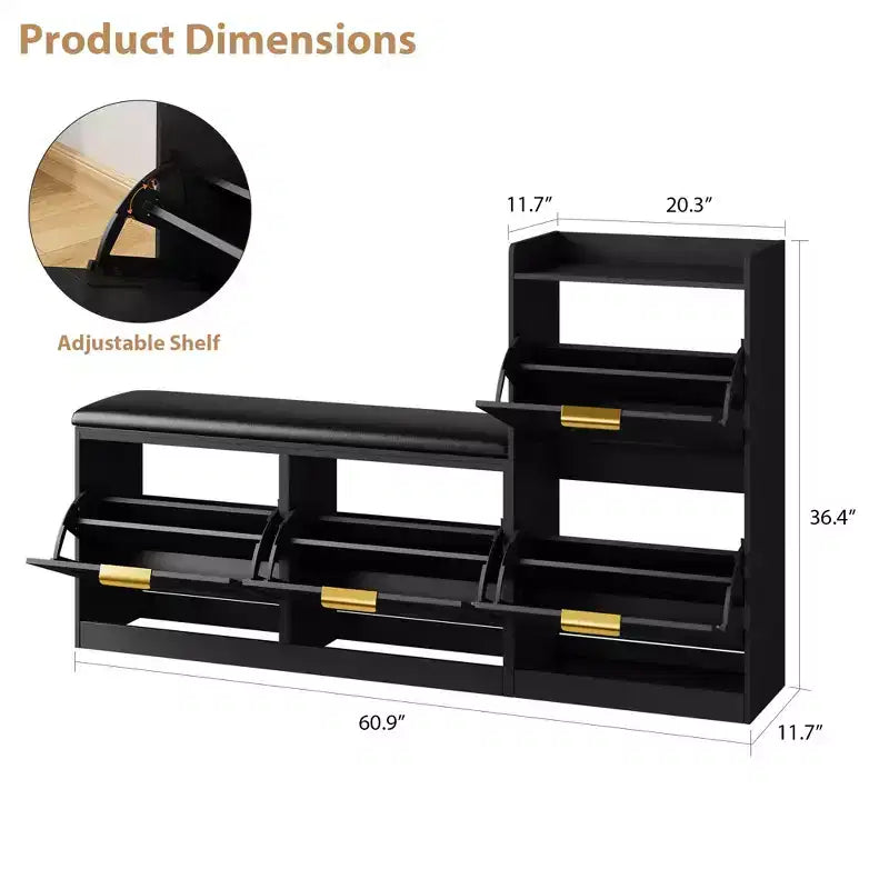 Meuble à chaussures de style champêtre avec banc et 4 tiroirs basculants, meuble de rangement à chaussures avec banc et coussin confortable, organisateur à chaussures pour l’entrée avec rangement