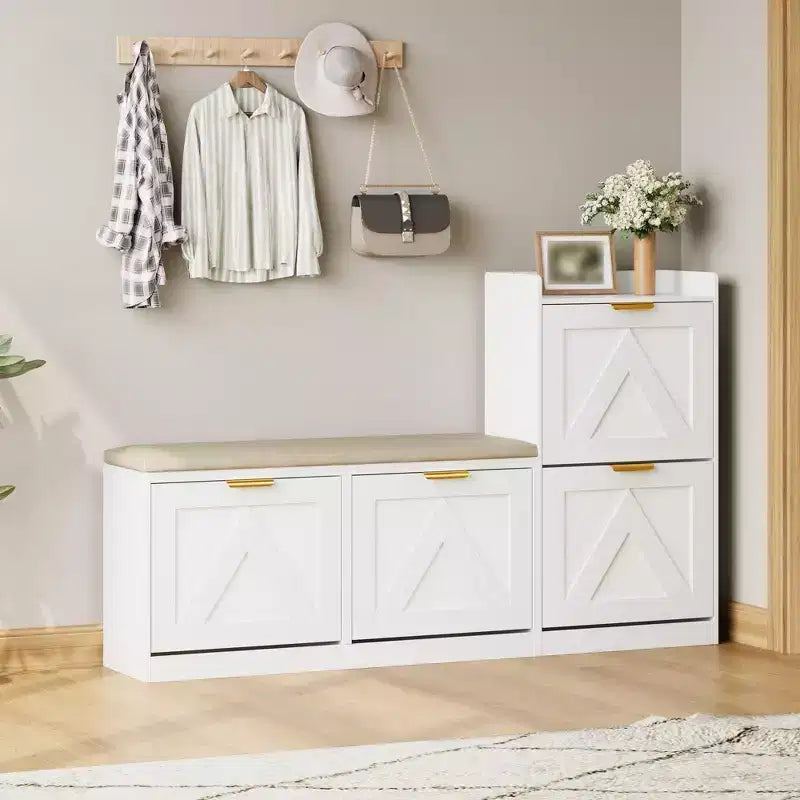 Meuble à chaussures de style champêtre avec banc et 4 tiroirs basculants, meuble de rangement à chaussures avec banc et coussin confortable, organisateur à chaussures pour l’entrée avec rangement