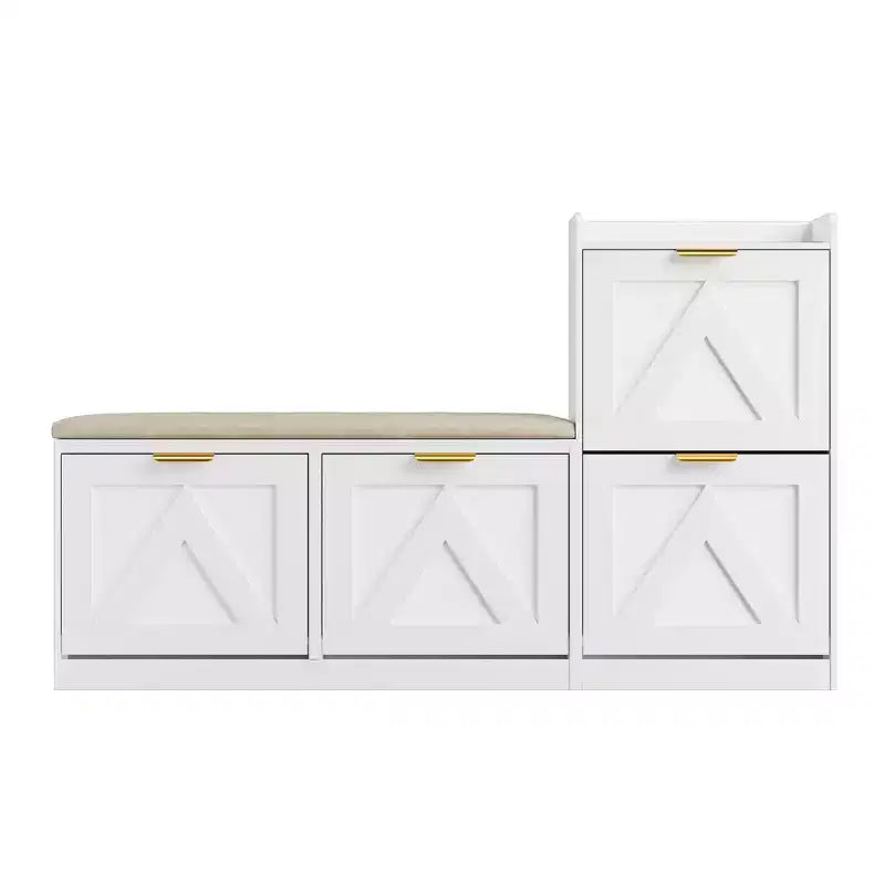 Meuble à chaussures de style champêtre avec banc et 4 tiroirs basculants, meuble de rangement à chaussures avec banc et coussin confortable, organisateur à chaussures pour l’entrée avec rangement