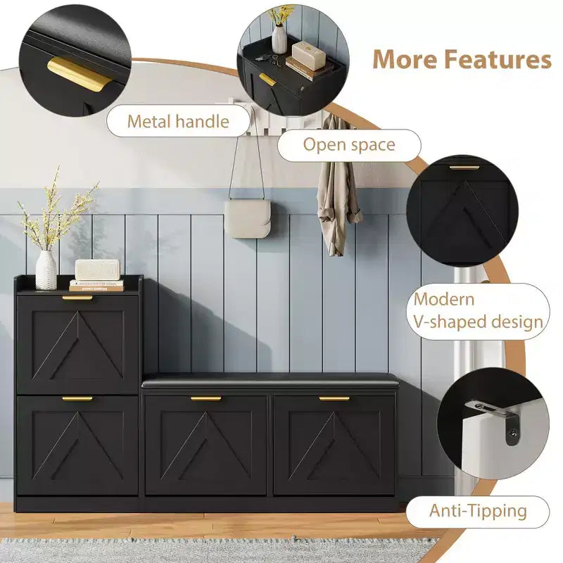 Meuble à chaussures de style champêtre avec banc et 4 tiroirs basculants, meuble de rangement à chaussures avec banc et coussin confortable, organisateur à chaussures pour l’entrée avec rangement