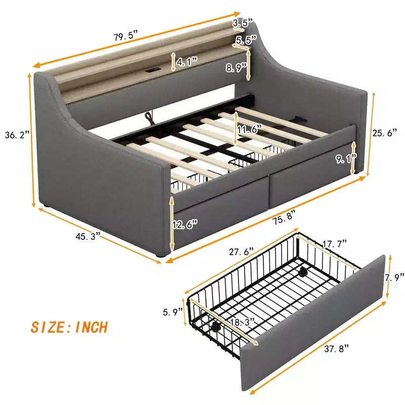 Lit de jour une place avec lit gigogne et tiroirs, avec station de recharge et lumières LED, lits rembourrés pour enfants, adolescents et adultes, gris