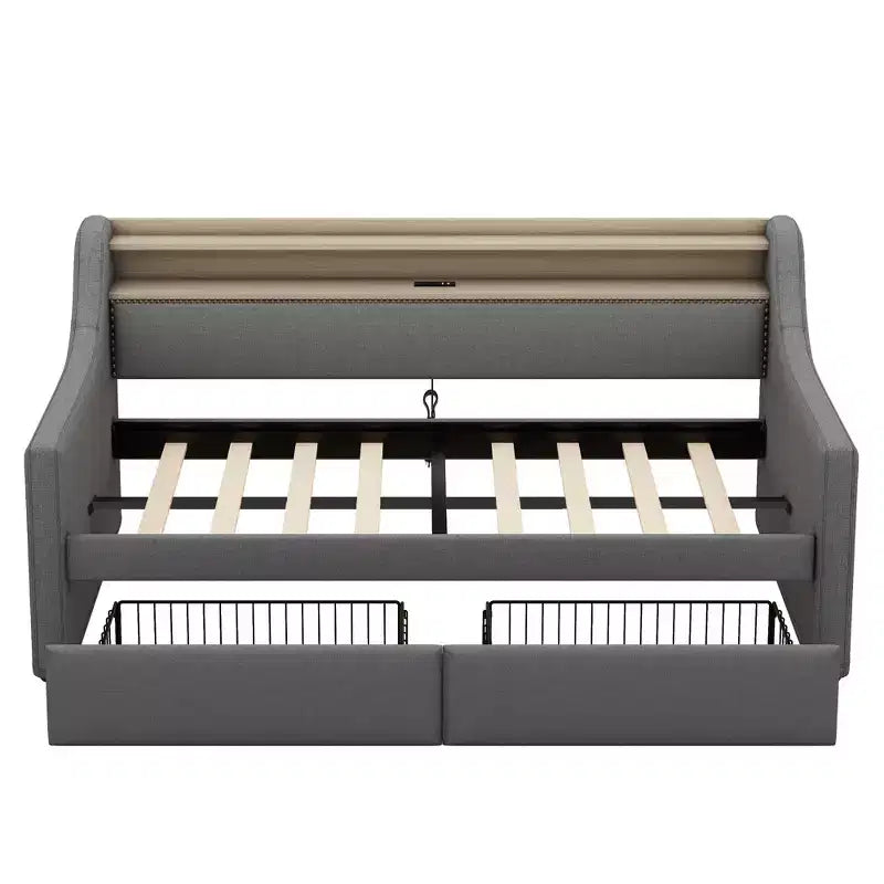 Lit de jour une place avec lit gigogne et tiroirs, avec station de recharge et lumières LED, lits rembourrés pour enfants, adolescents et adultes, gris